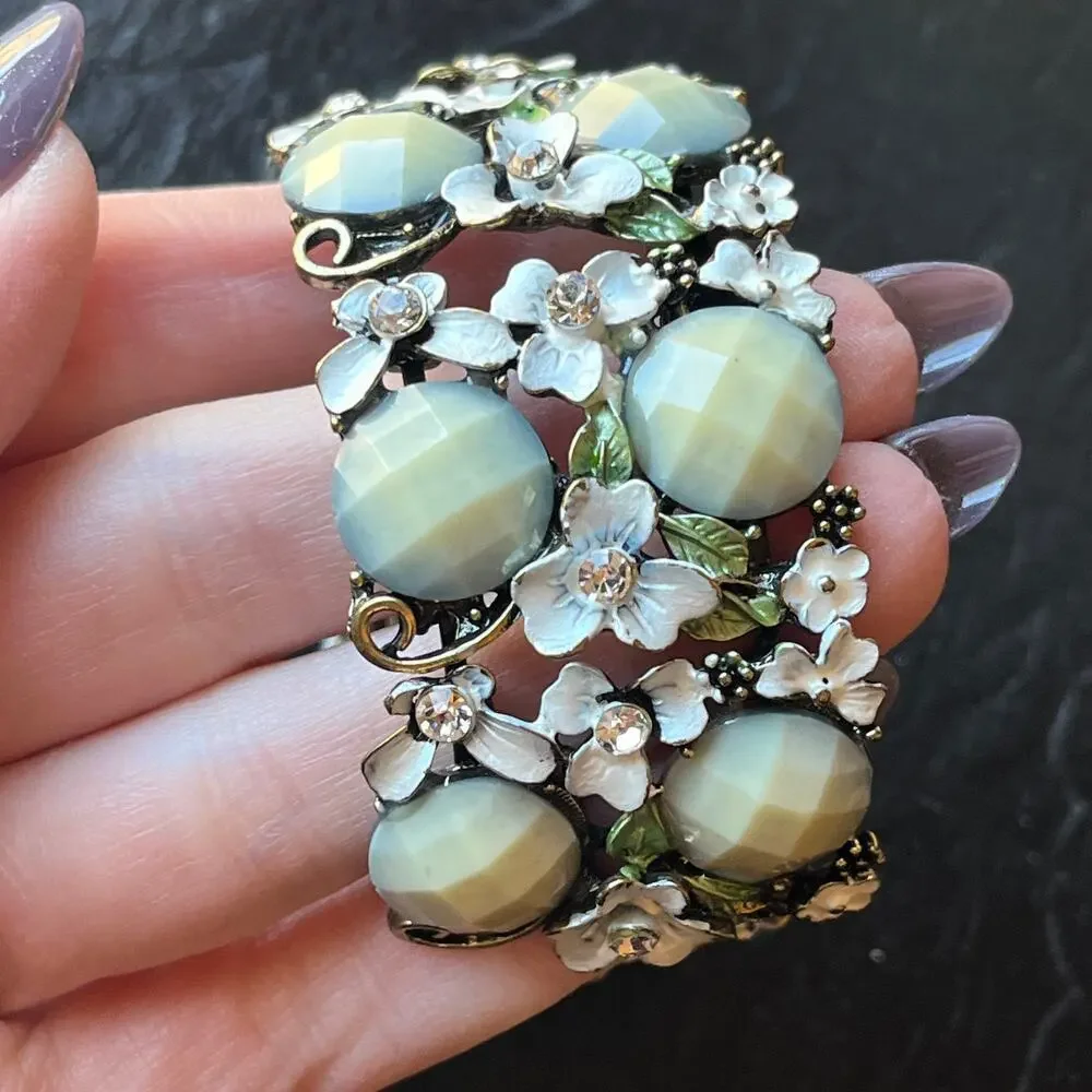 Estate Vintage White Green and Bronze Floral Garden Expanding Cuff Bracelet